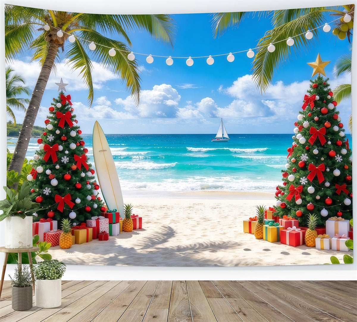 Tropischer Weihnachtshintergrund Palme Meer Strand Surfbrett GQ610-7