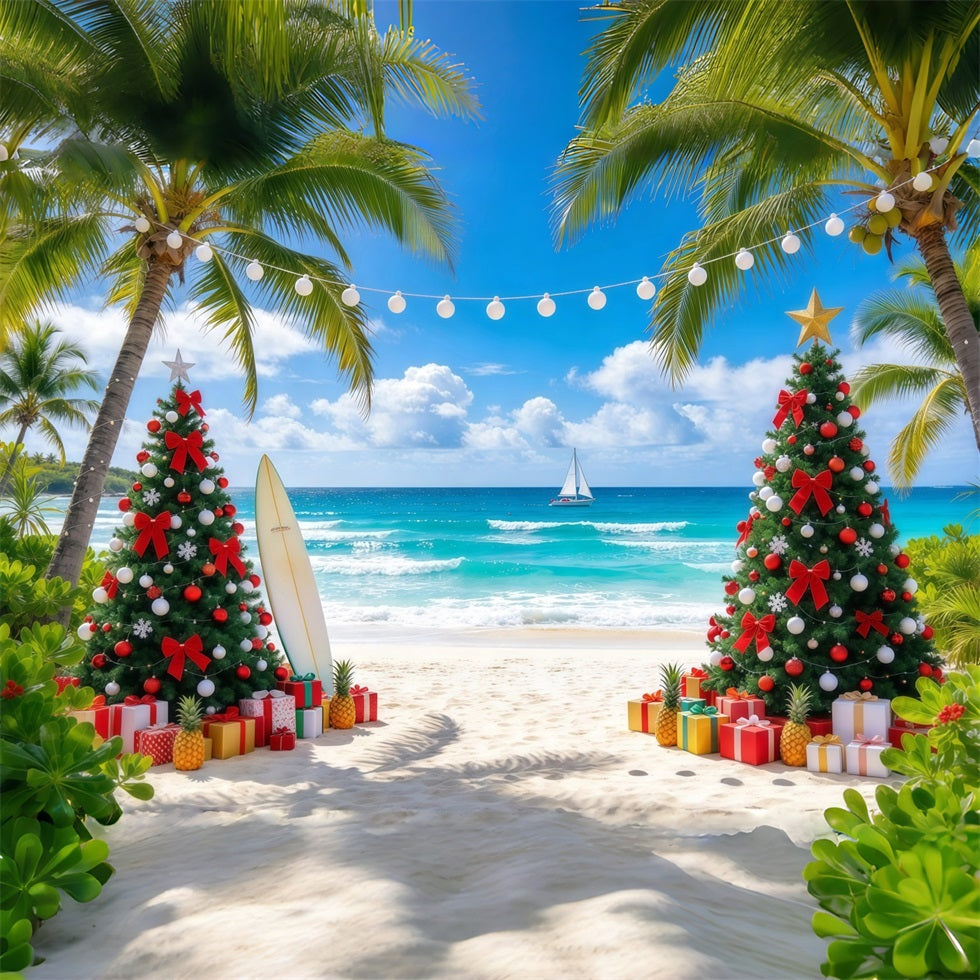 Tropischer Weihnachtshintergrund Palme Meer Strand Surfbrett GQ610-7