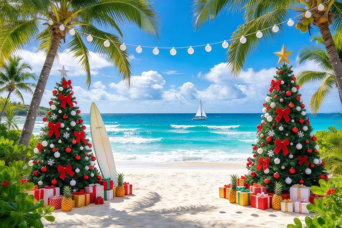 Tropischer Weihnachtshintergrund Palme Meer Strand Surfbrett GQ610-7