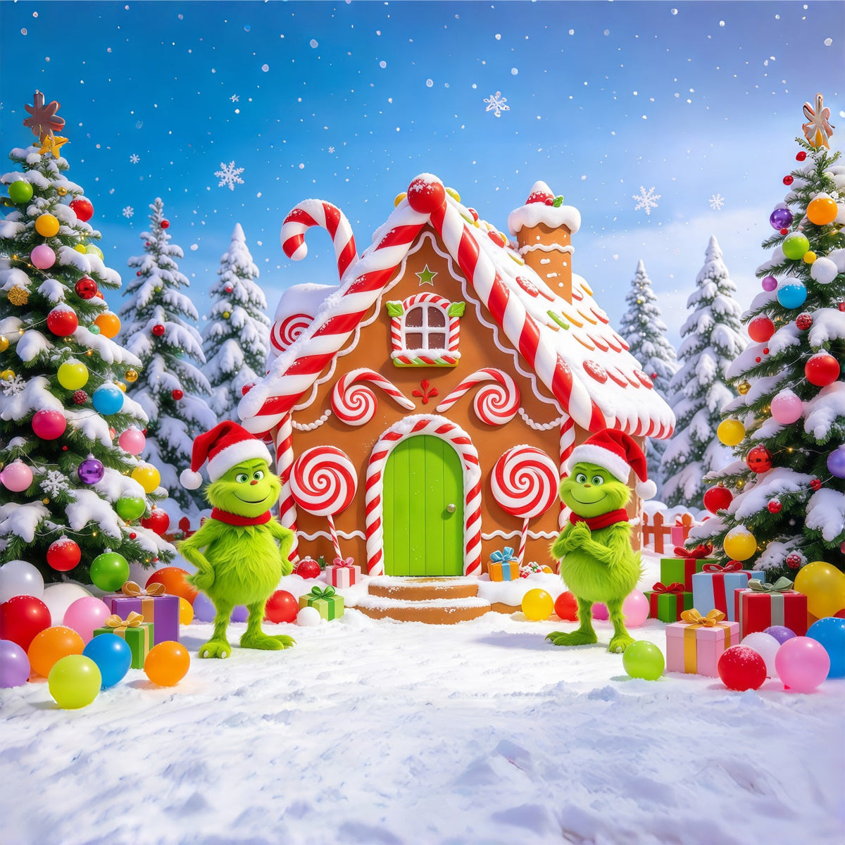 Grinch-Hintergrund Grünes Freches Lebkuchenhäuschen GQ610-70