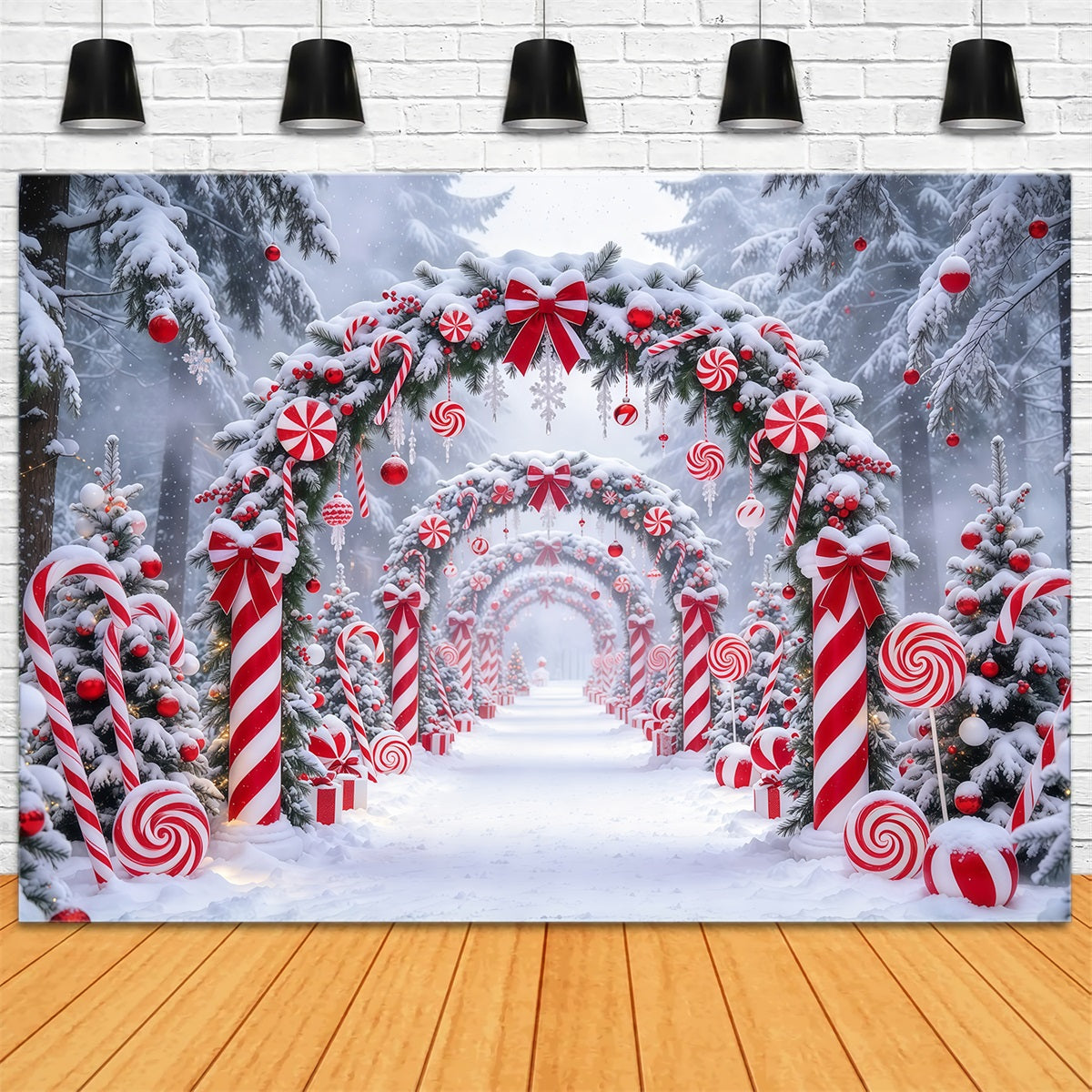 Weihnachtlicher Zuckerstangen-Hintergrund Pfefferminzbonbonland Verschneit GQ610-76