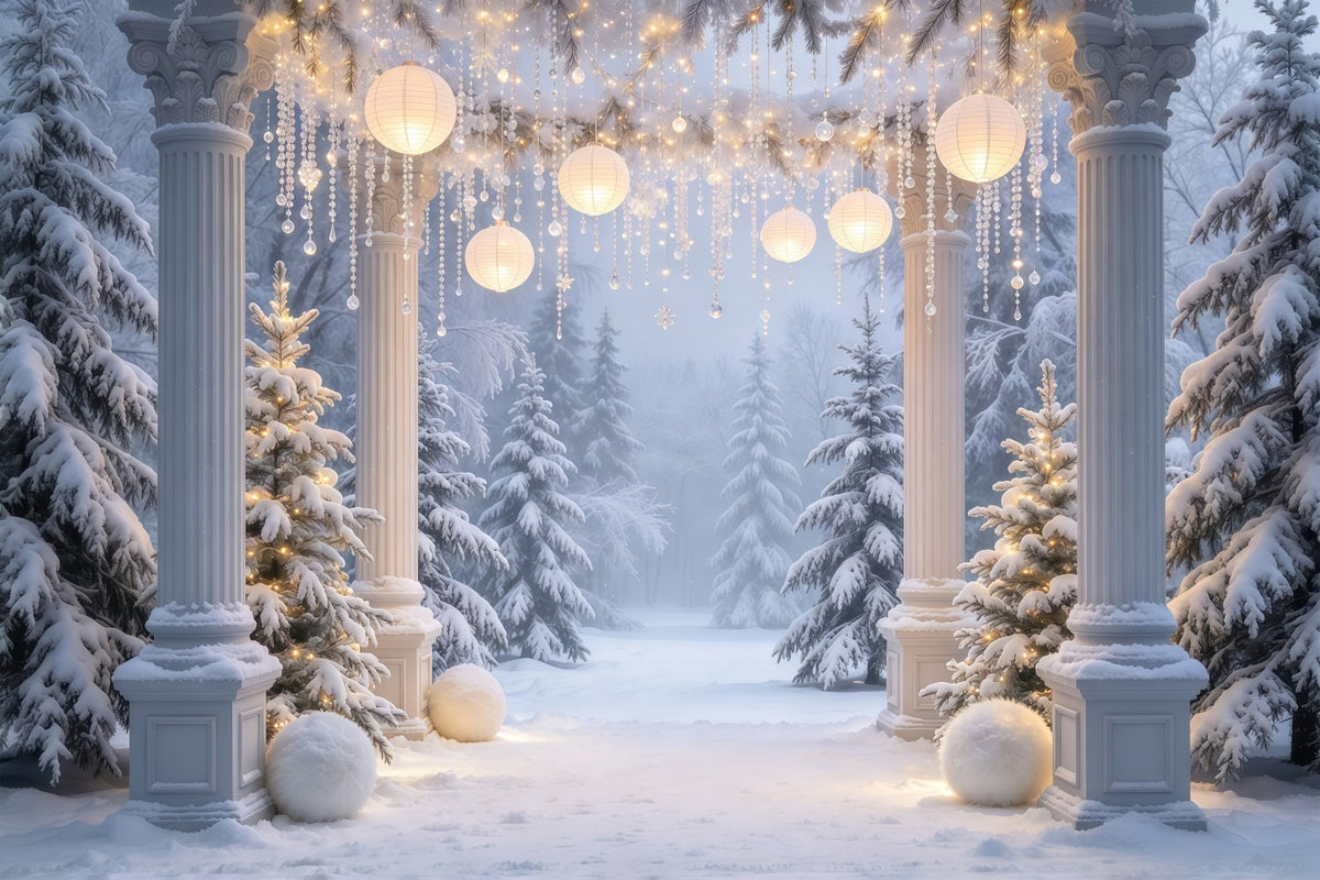 Weihnachtswald-Hintergrund Verschneiter Säulenbogen Mit Laternen GQ610-77