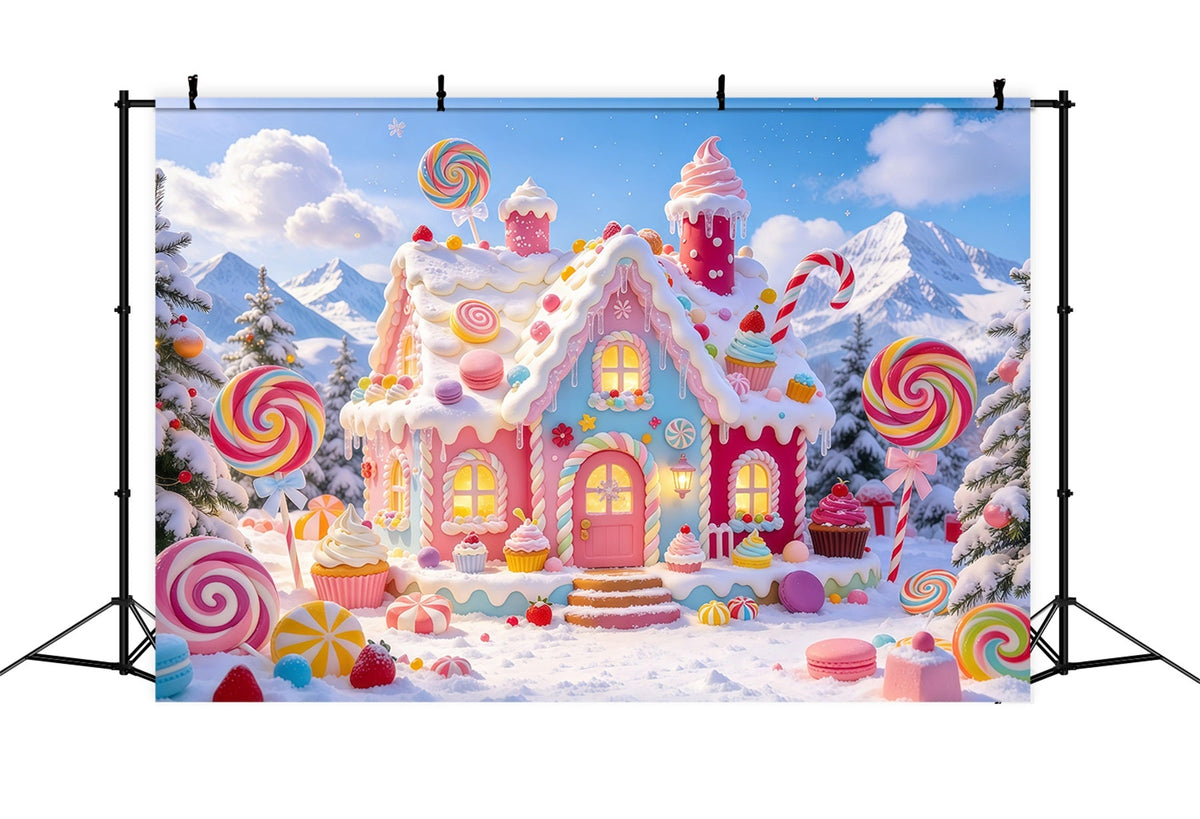 Lebkuchenhaus-Hintergrund Verschneites Pastellfarbenes Süßigkeitenhaus GQ610-82