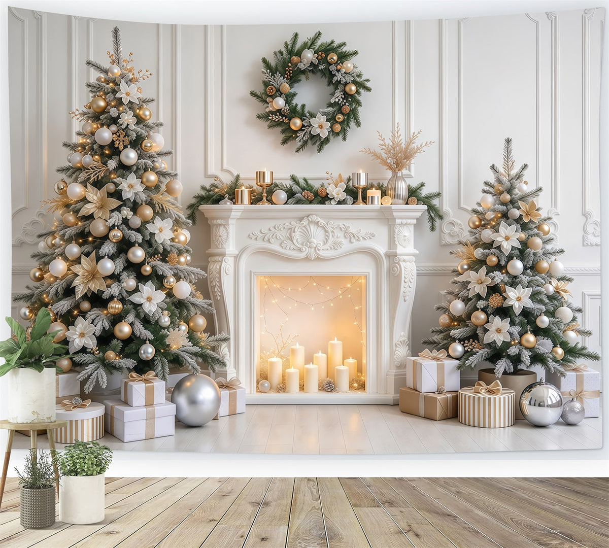 Weihnachtlicher Fotohintergrund Eleganter Weiß-Goldener Kamin GQ610-84