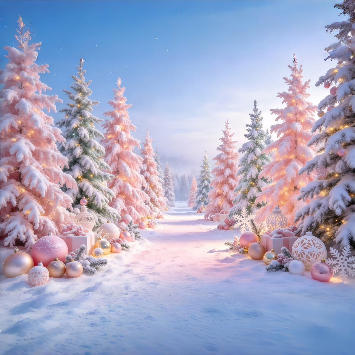 Weihnachtsbaum-Hintergrund Zartrosa Kugeln Waldkulisse GQ610-85