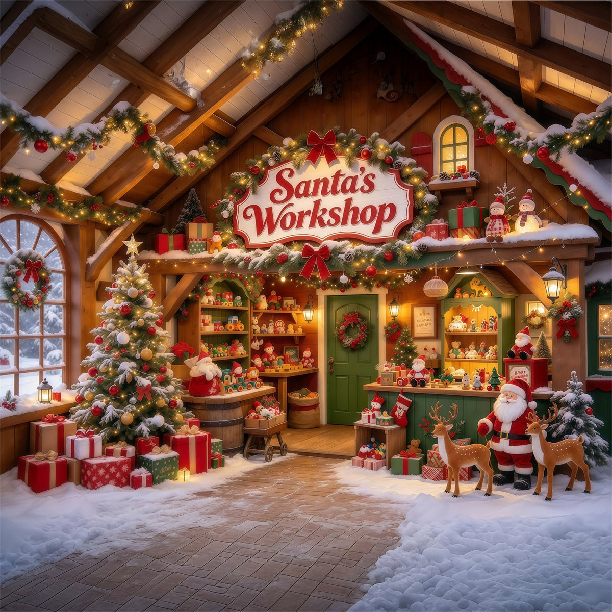 Weihnachtlicher Werkstatthintergrund Holzregal Spielzeugauslage GQ610-9