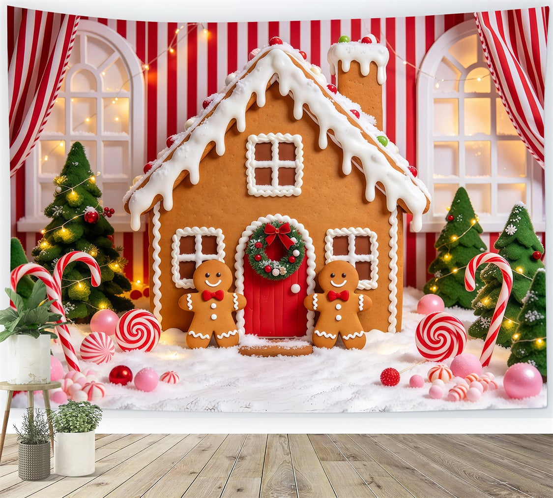 Lebkuchenhaus-Fotohintergrund Niedliches Zuckerstangen-Häuschen GQ610-91