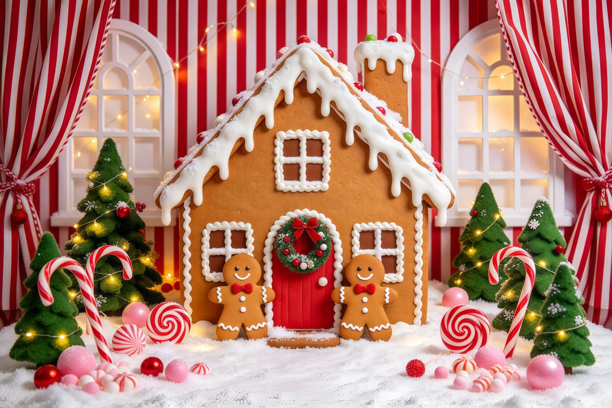 Lebkuchenhaus-Fotohintergrund Niedliches Zuckerstangen-Häuschen GQ610-91