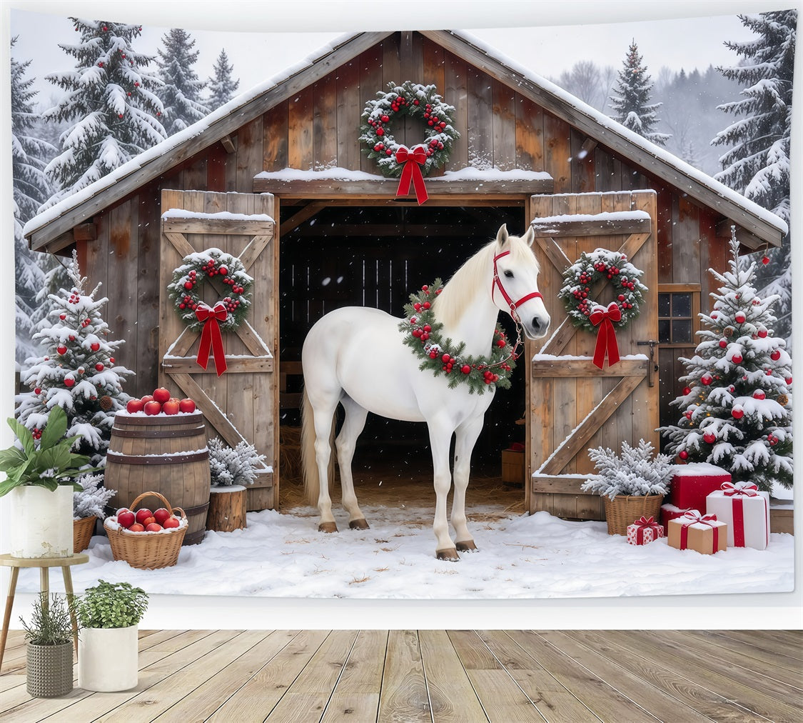 Western-Weihnachtshintergrund Weißes Pferd Rustikale Scheune GQ610-92