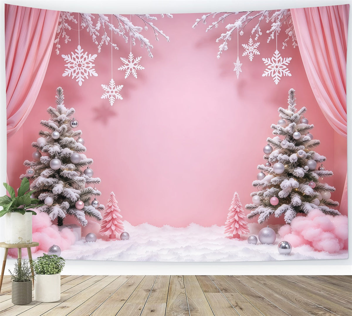 Winterlicher Weihnachtshintergrund Rosa Vorhang Schneeflocken-Wunderland GQ610-96