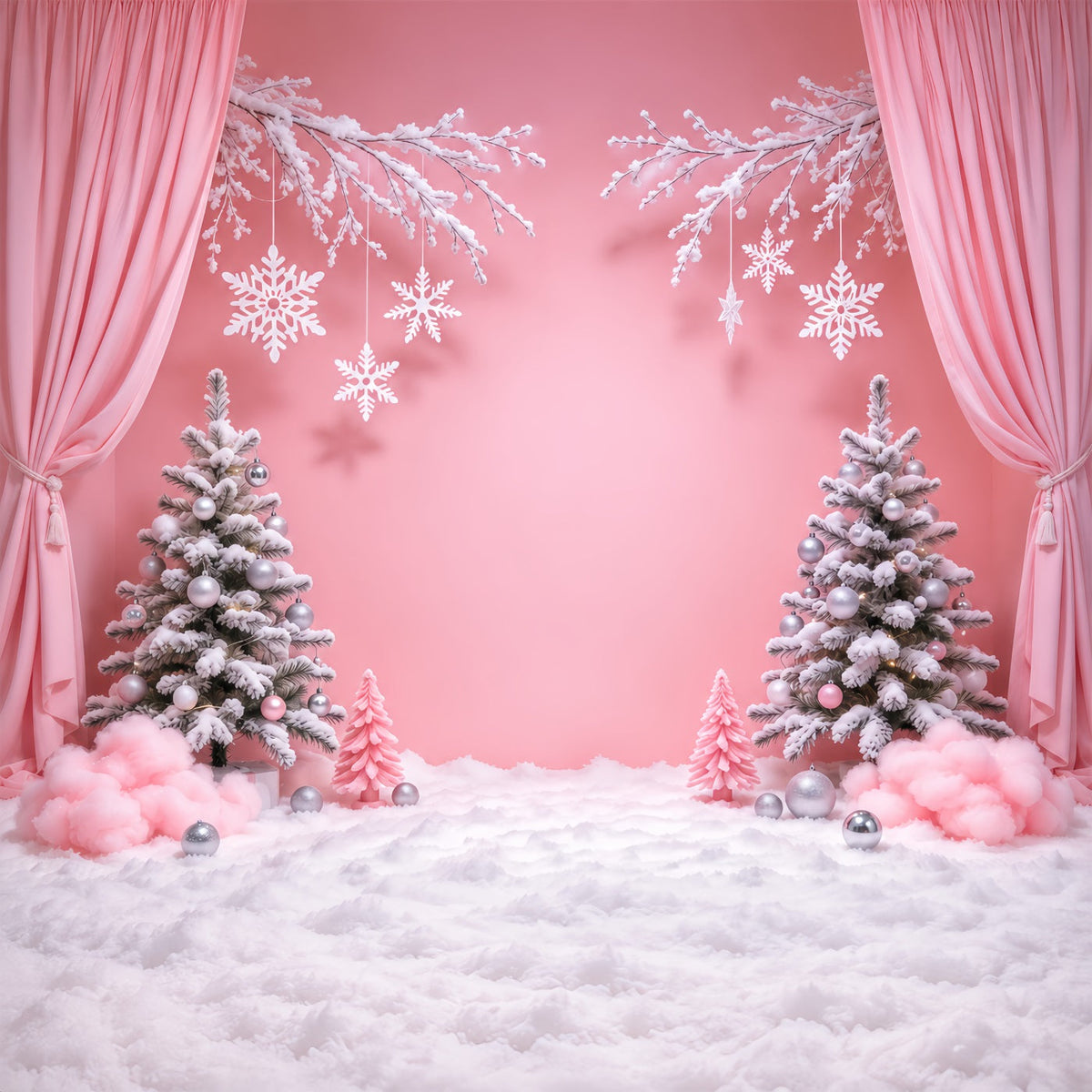 Winterlicher Weihnachtshintergrund Rosa Vorhang Schneeflocken-Wunderland GQ610-96