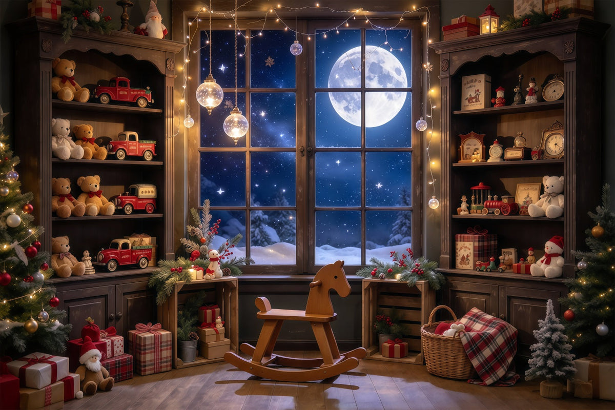 Weihnachtlicher Werkstatt-Hintergrund Mondbeschienene Spielzimmer-Fensterauslage GQ610-97