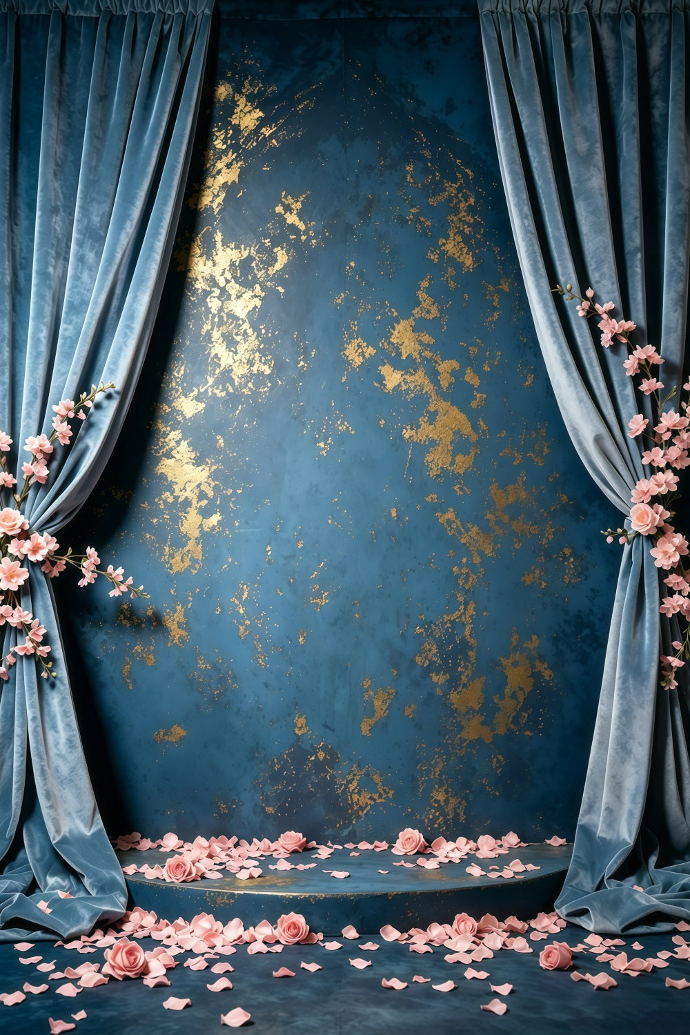 Blaue und goldene Hintergrundwand mit Samtflecken und Rosen, abstrakte Fotohintergründe GQ64-37