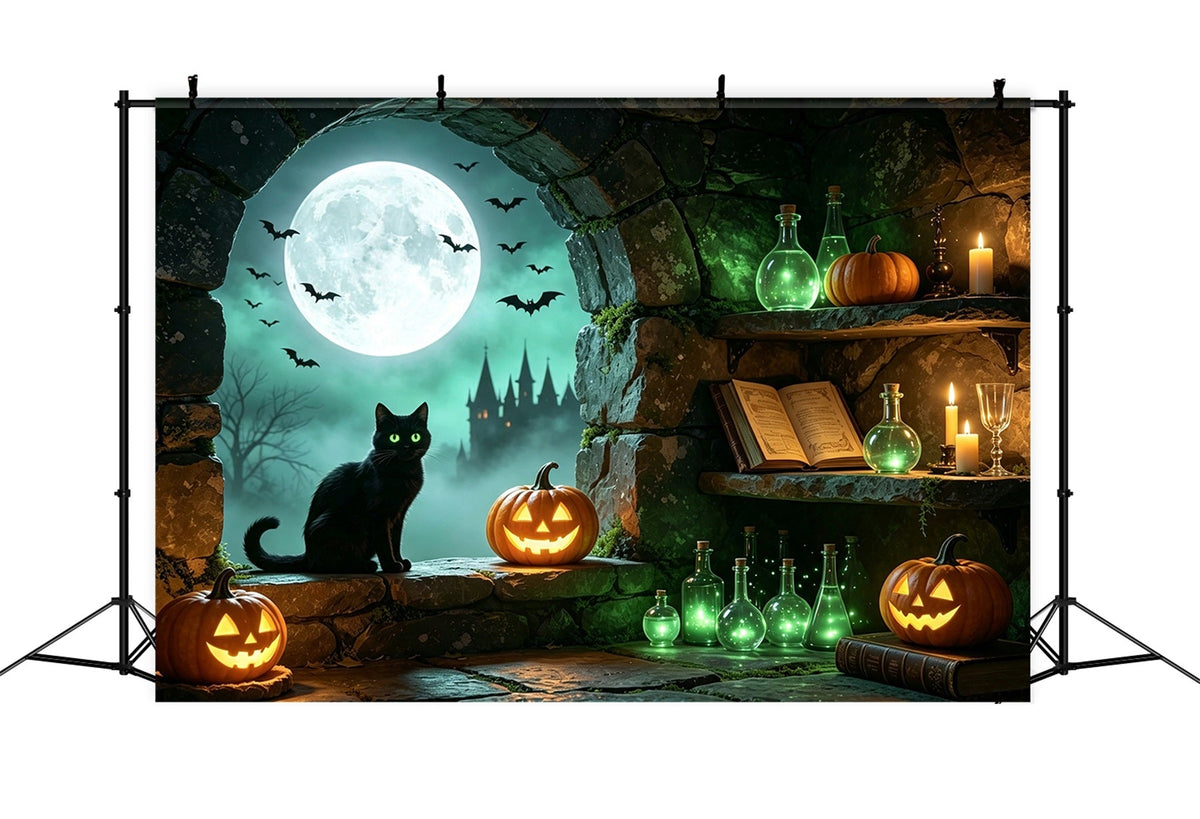 Hexenhöhle-Hintergrund Mondlichtkatze Zaubertranknische Holzfäller-Fotohintergrund GQ67-101