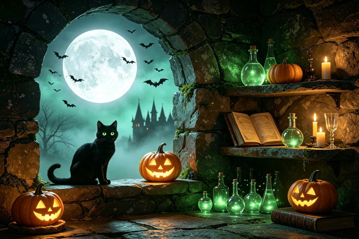 Hexenhöhle-Hintergrund Mondlichtkatze Zaubertranknische Holzfäller-Fotohintergrund GQ67-101