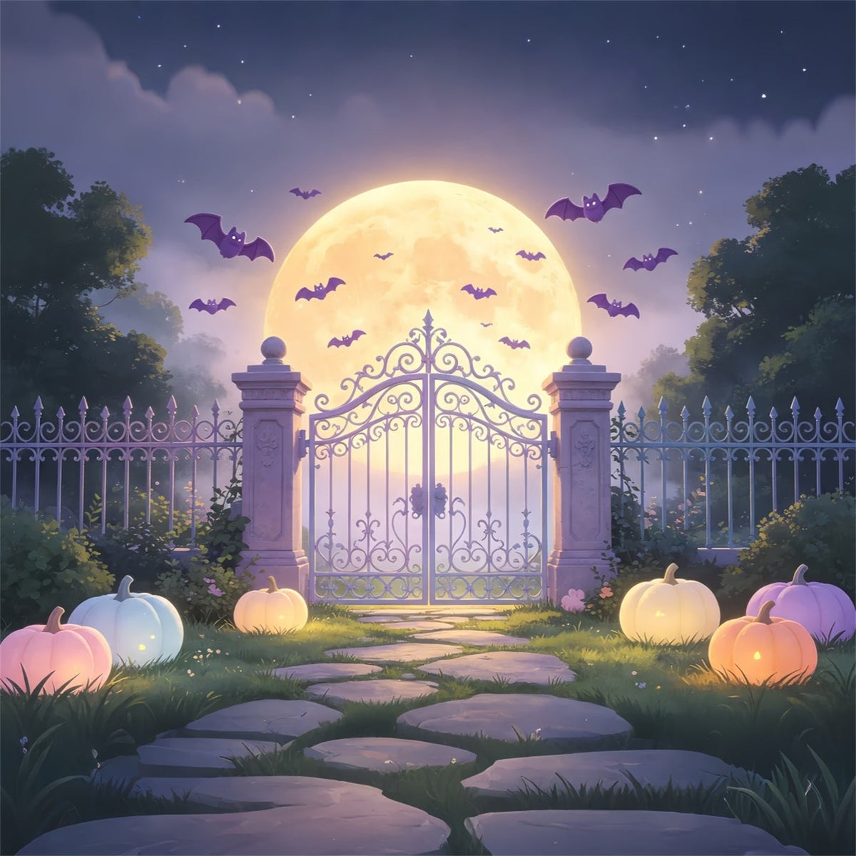 Fledermaushöhlen-Hintergrund Pastellfarbenes Mondbeschienenes Gartentor Pastellfarbener Halloween-Hintergrund GQ67-104