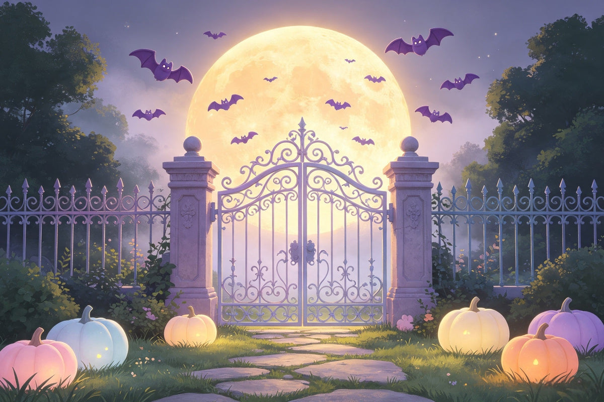 Fledermaushöhlen-Hintergrund Pastellfarbenes Mondbeschienenes Gartentor Pastellfarbener Halloween-Hintergrund GQ67-104