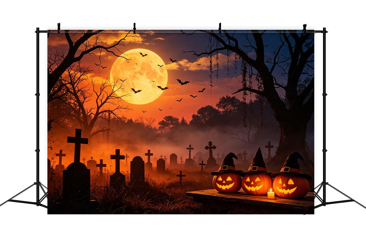 Fledermaushöhlen-Hintergrund Sonnenuntergang Hexe Kürbis Friedhof – Fotohintergründe Für Halloween GQ67-105