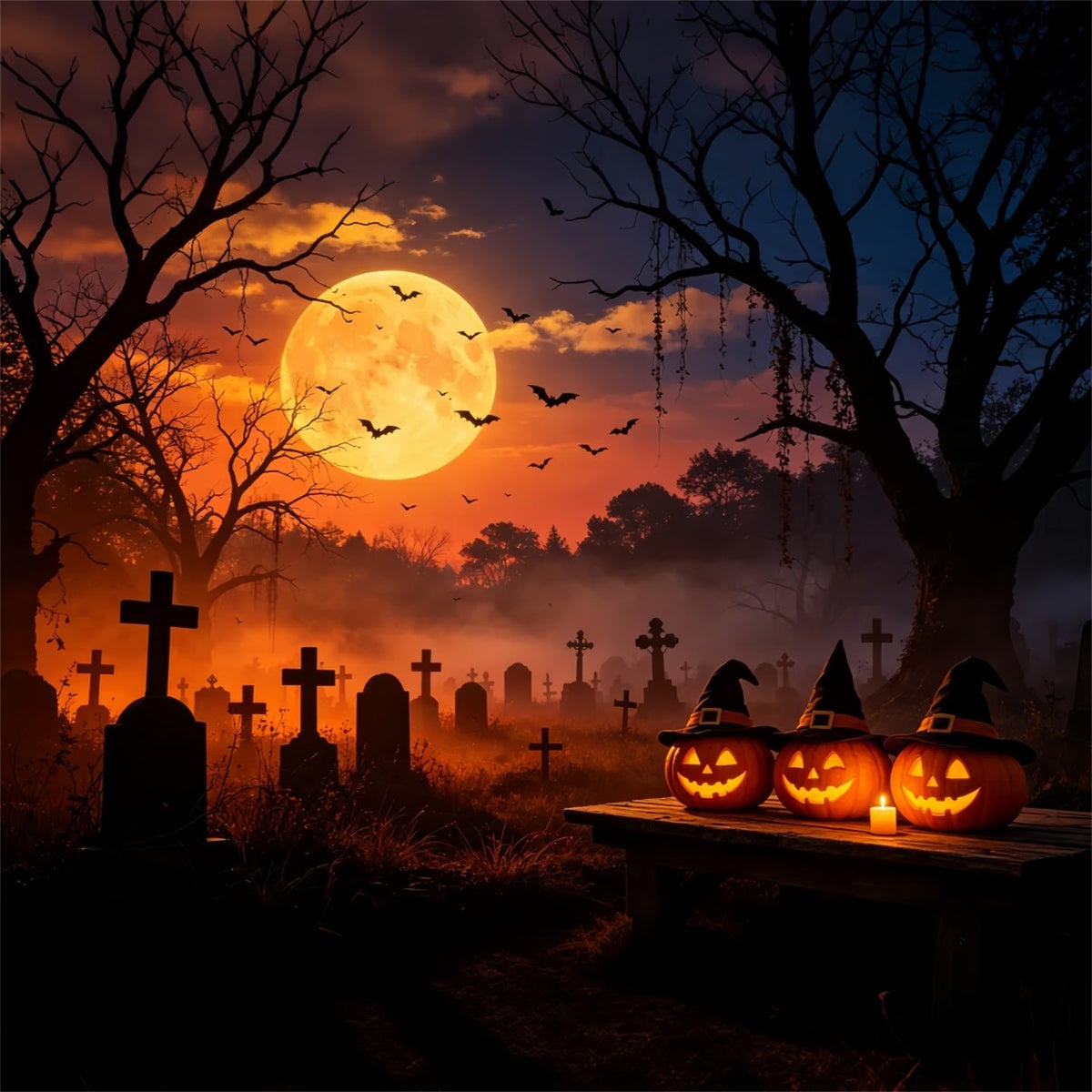 Fledermaushöhlen-Hintergrund Sonnenuntergang Hexe Kürbis Friedhof – Fotohintergründe Für Halloween GQ67-105