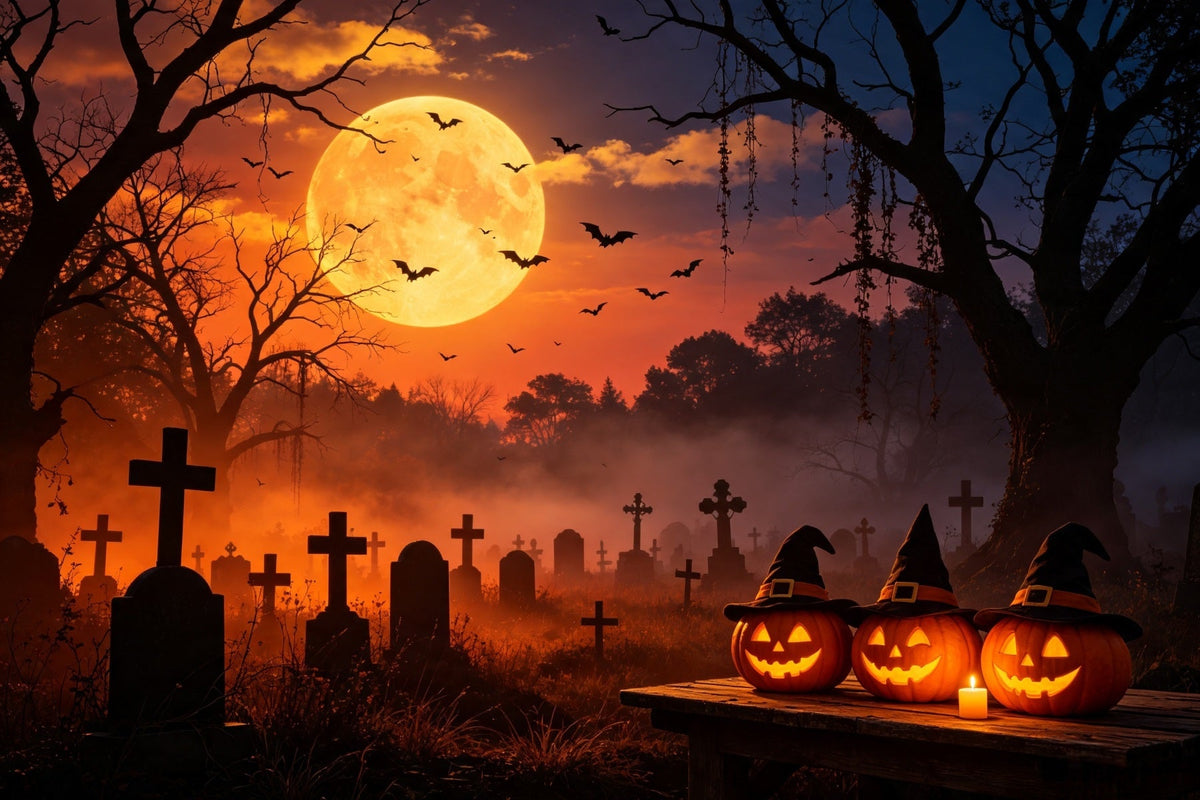 Fledermaushöhlen-Hintergrund Sonnenuntergang Hexe Kürbis Friedhof – Fotohintergründe Für Halloween GQ67-105