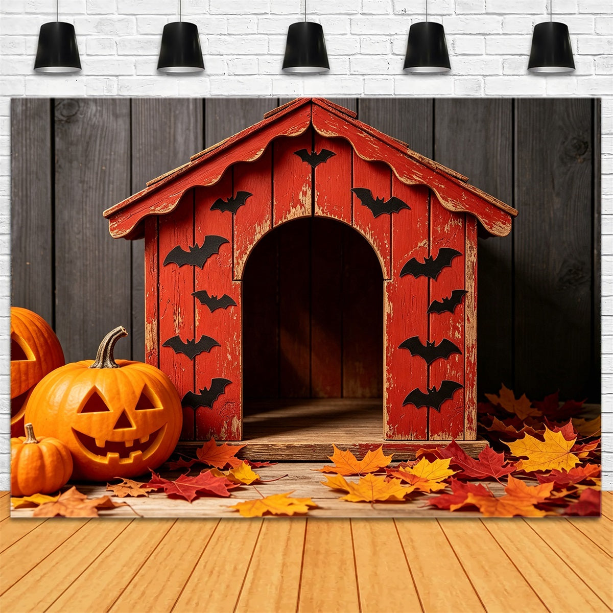 Halloween-Hintergrund Mit Hund Rustikalem Fledermaus-Kürbis-Unterstand Halloween-Hintergrundrolle GQ67-108