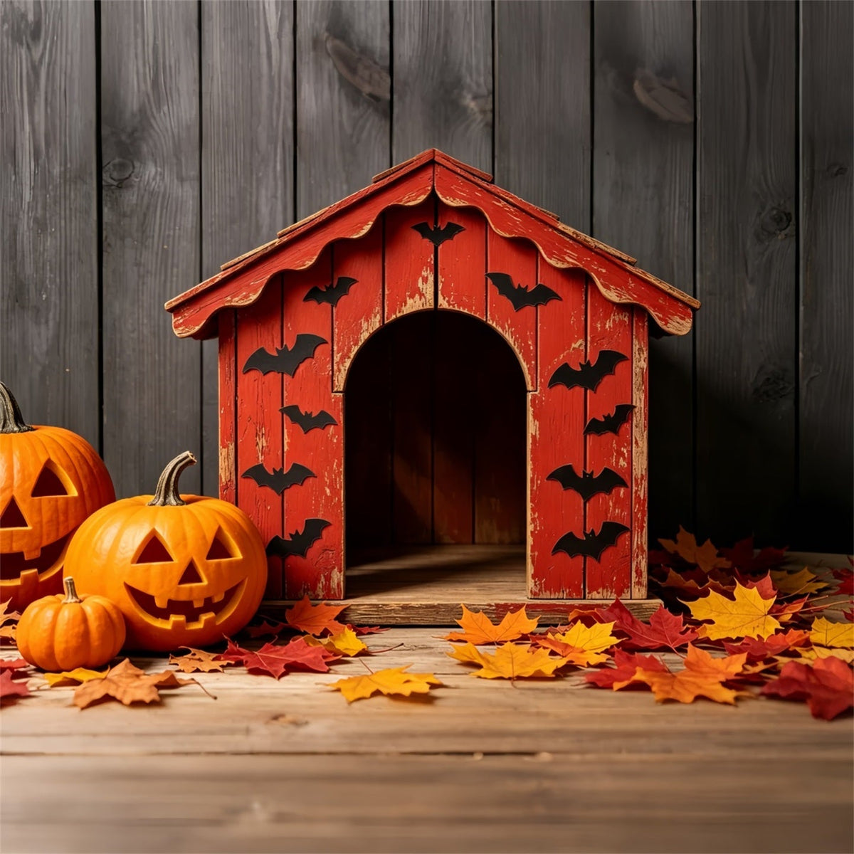 Halloween-Hintergrund Mit Hund Rustikalem Fledermaus-Kürbis-Unterstand Halloween-Hintergrundrolle GQ67-108