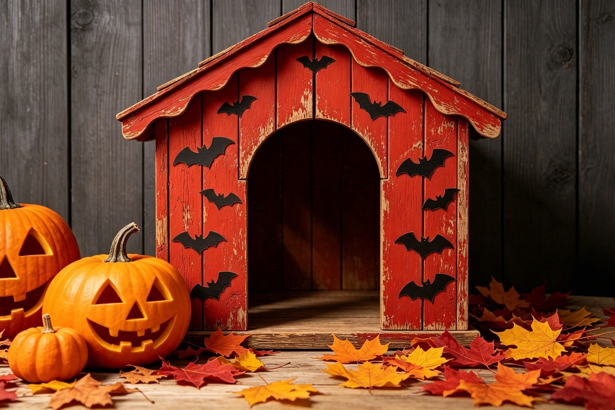 Halloween-Hintergrund Mit Hund Rustikalem Fledermaus-Kürbis-Unterstand Halloween-Hintergrundrolle GQ67-108