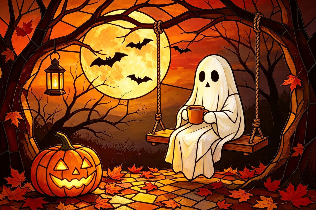 Hintergrund Geister-Buntglas Gemütliche Mondschein-Kürbisschaukel Halloween-Fotokabinen-Hintergrund GQ67-111