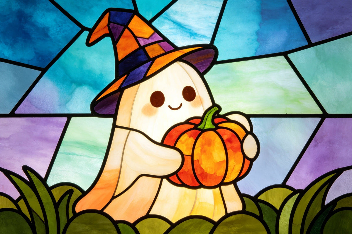 Buntglas-Hintergrund Wandteppich Geist Süße Hexe Kürbis Halloween-Selfie-Hintergrund GQ67-112