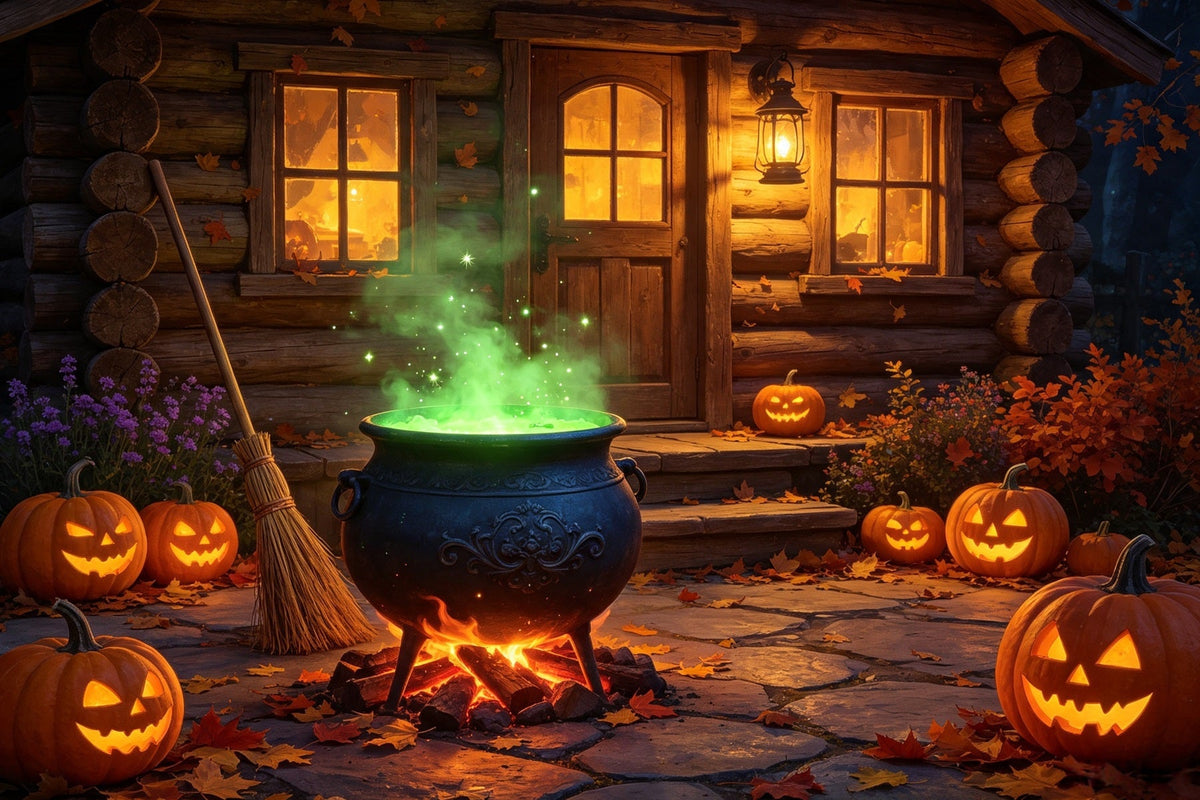 Hexenküchen-Hintergrundbanner Leuchtender Kessel Hüttenveranda Beste Halloween-Hintergründe GQ67-113
