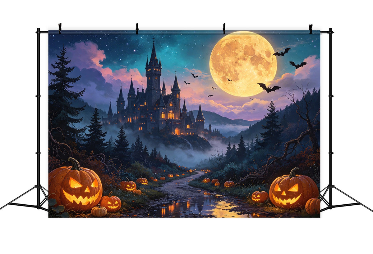 Halloween-Kürbis-Kulisse Mondbeschienene Kürbisburg Tal Mit Geistermotiven GQ67-79