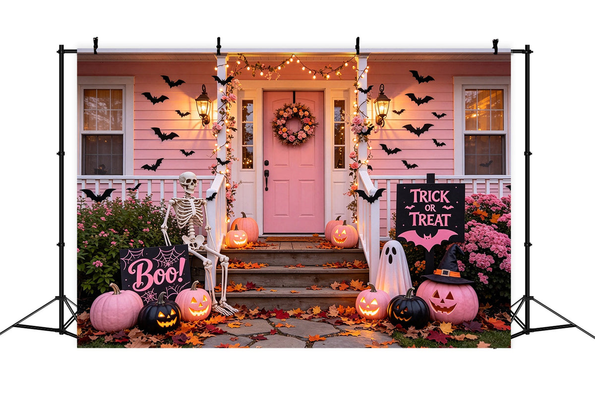 Hintergrund Mit Rosa Kürbissen Rosa Skelett-Veranda-Dekoration Vintage-Halloween-Hintergrund GQ67-80
