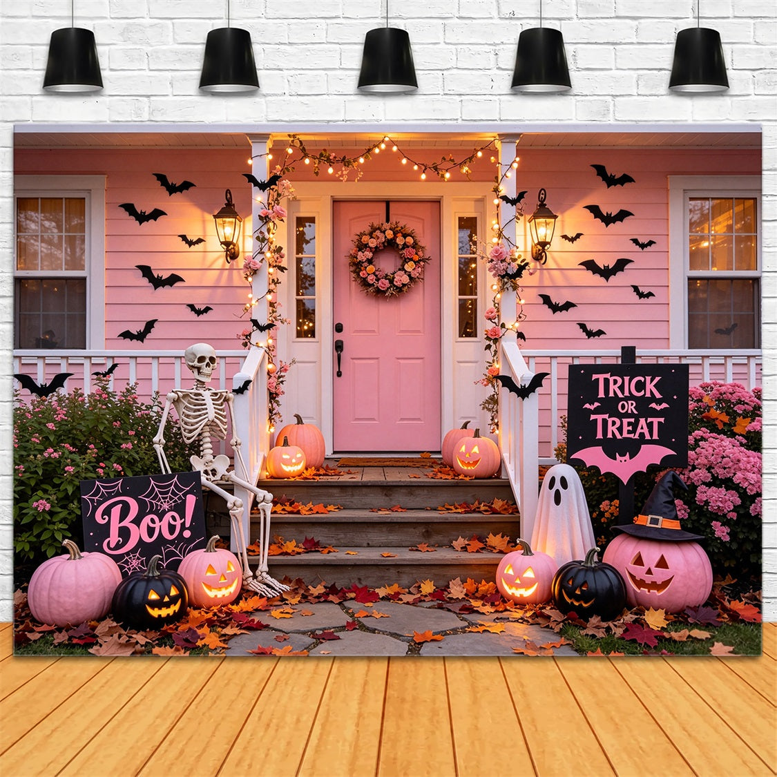 Hintergrund Mit Rosa Kürbissen Rosa Skelett-Veranda-Dekoration Vintage-Halloween-Hintergrund GQ67-80