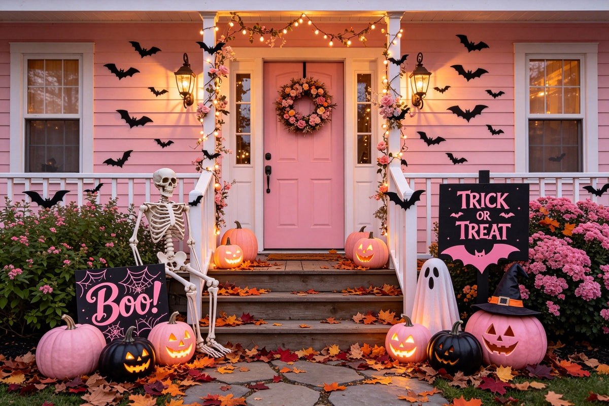 Hintergrund Mit Rosa Kürbissen Rosa Skelett-Veranda-Dekoration Vintage-Halloween-Hintergrund GQ67-80
