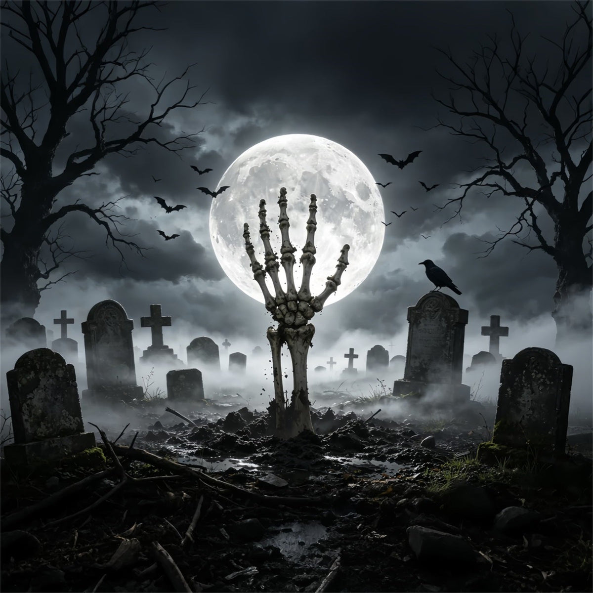 Halloween-Friedhof-Hintergründe Mondbeschienene Skeletthand Gruselige Hintergründe GQ67-84