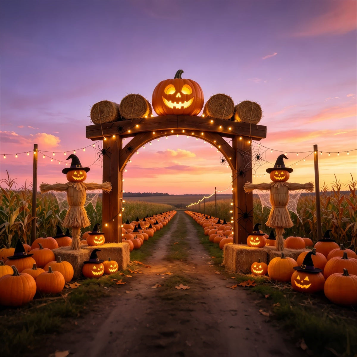Kürbisbeet-Hintergrundideen Sonnenuntergang Vogelscheuchen Bauernhof Fotografie Halloween-Hintergrund GQ67-87