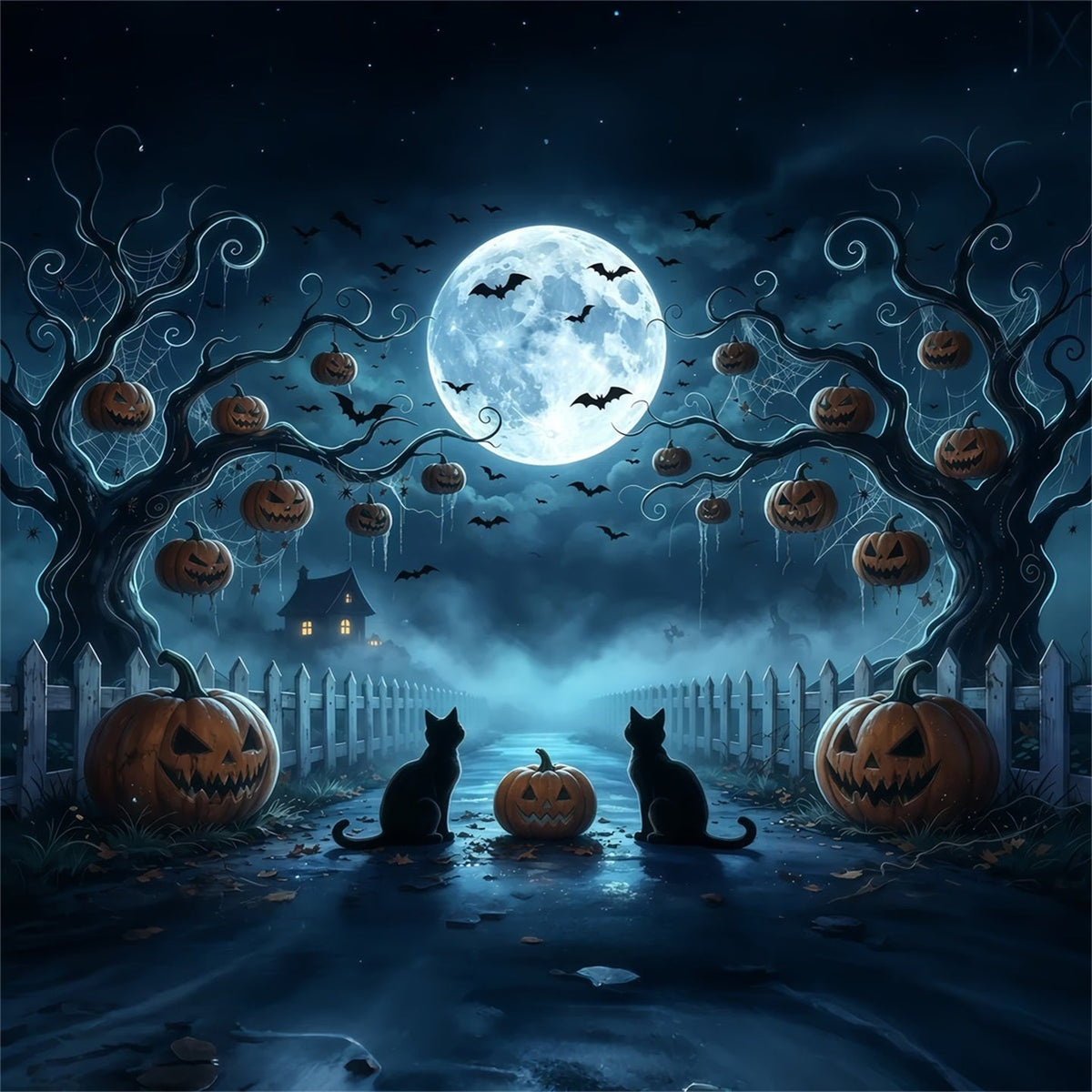 Gruselige Baumkulisse Mondbeschienene Katze Kürbisweg 10X10 Halloween-Kulisse GQ67-91
