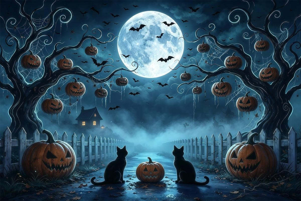 Gruselige Baumkulisse Mondbeschienene Katze Kürbisweg 10X10 Halloween-Kulisse GQ67-91