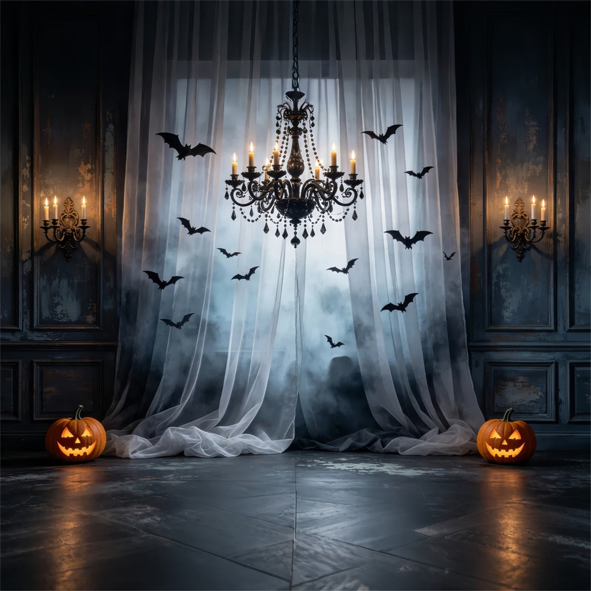 Fledermaus-Hintergrund Nebliger Vorhang Kronleuchter Halle Halloween-Grusel-Hintergrund GQ67-92