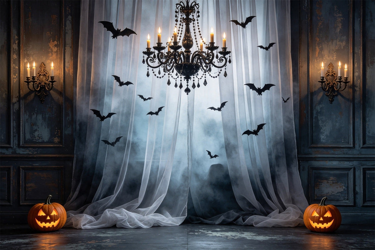 Fledermaus-Hintergrund Nebliger Vorhang Kronleuchter Halle Halloween-Grusel-Hintergrund GQ67-92