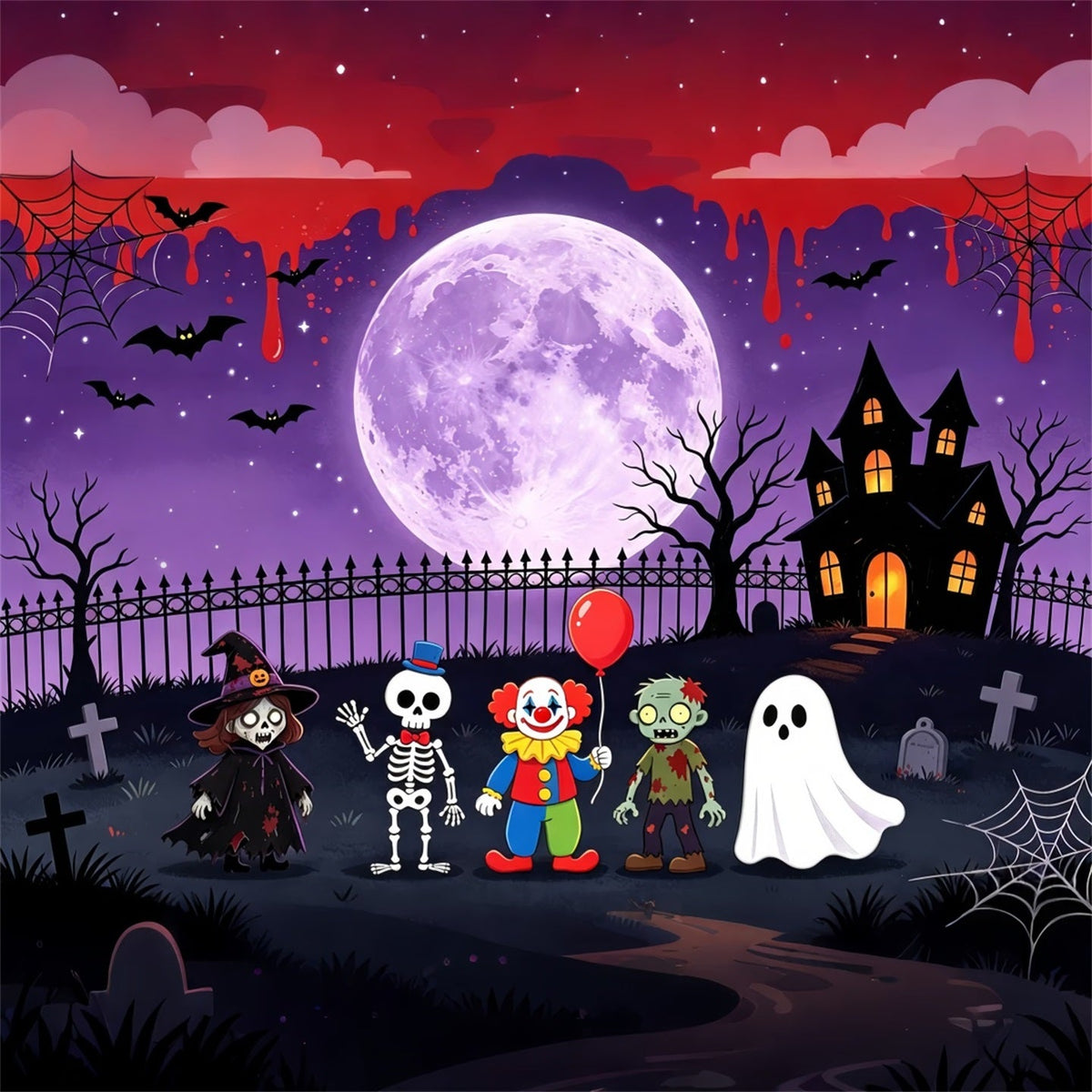 Geisterbühnenhintergrund Cartoon-Monster Mondlichtversammlung Lila Halloween-Hintergrund GQ67-93