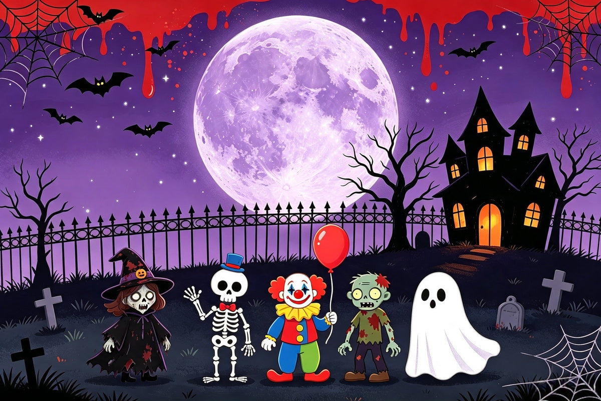 Geisterbühnenhintergrund Cartoon-Monster Mondlichtversammlung Lila Halloween-Hintergrund GQ67-93