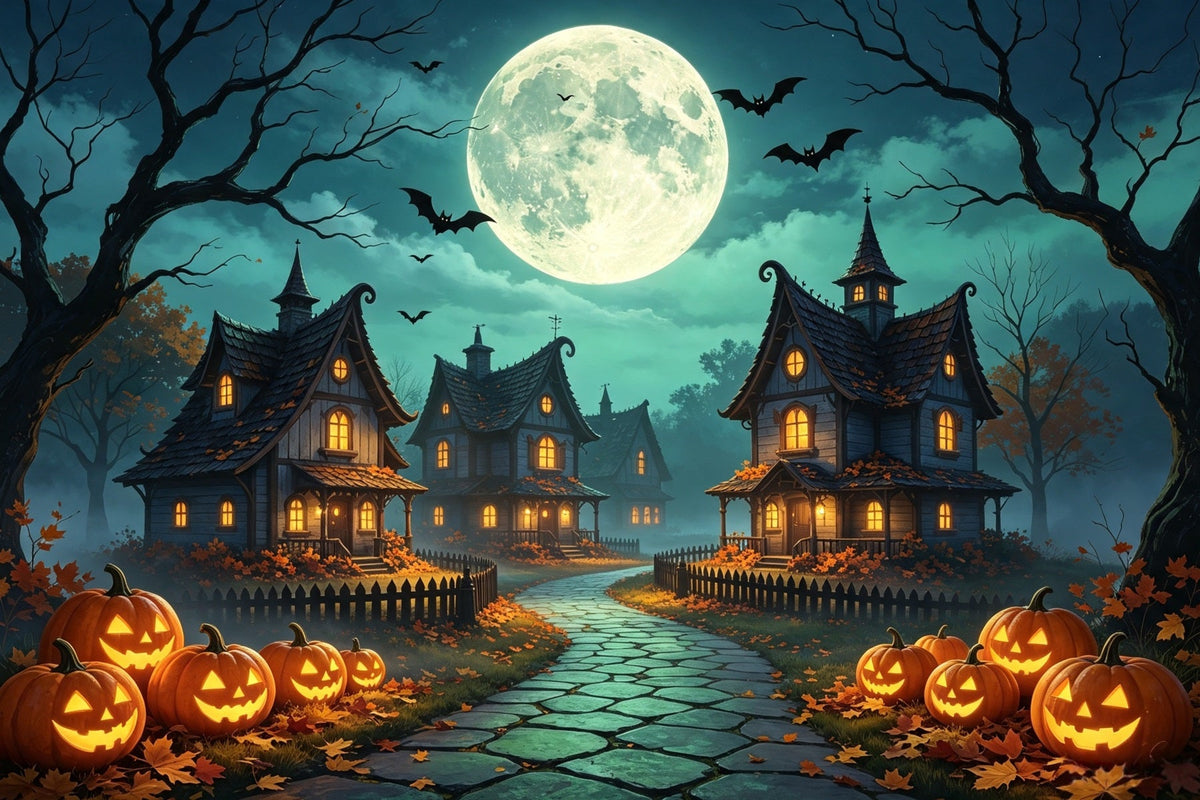 Hintergrundkulisse Für Halloween-Dorf Mondbeschienenes Kürbishäuschen Horrorfilm-Hintergrund GQ67-96