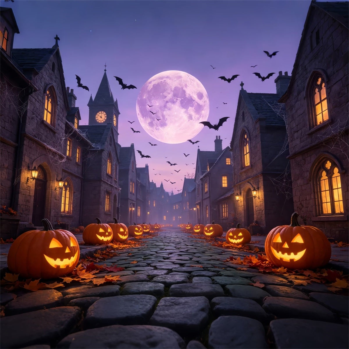 Fledermäuse-Hintergrund Lila Mondbeschienene Kürbisstraße Als Halloween-Hintergrund GQ67-97