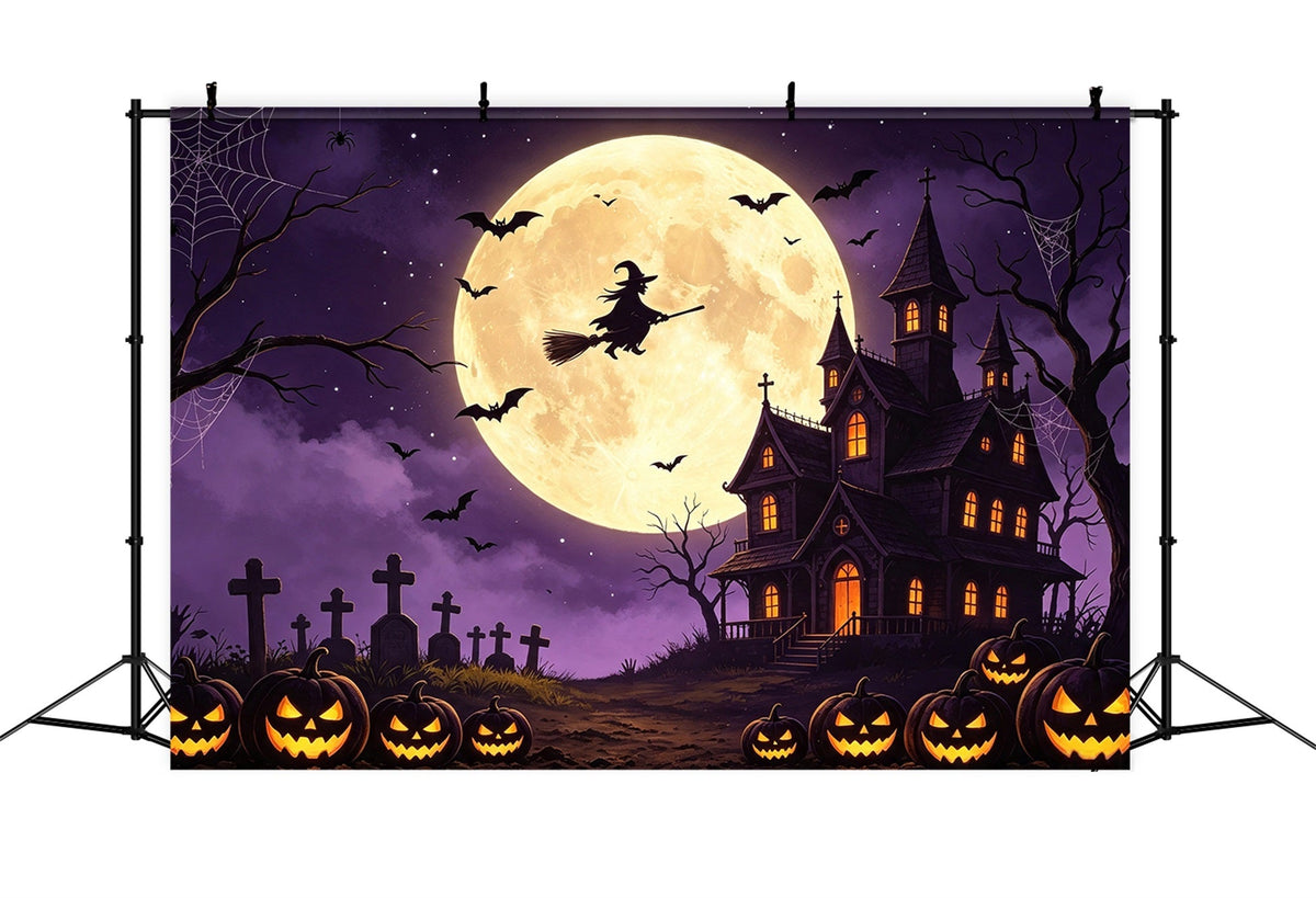 Gruseliger Himmel-Hintergrund Fliegende Hexe Kürbis-Herrenhaus Fröhlicher Halloween-Hintergrund GQ67-98