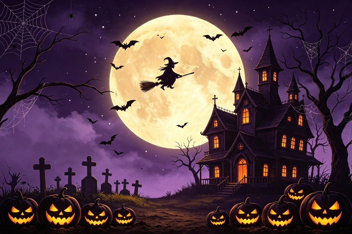 Gruseliger Himmel-Hintergrund Fliegende Hexe Kürbis-Herrenhaus Fröhlicher Halloween-Hintergrund GQ67-98
