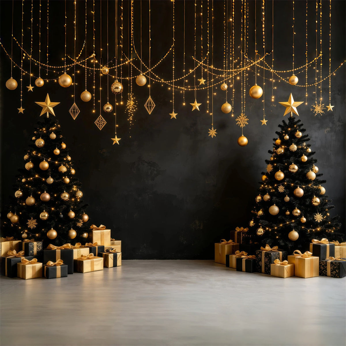 Moderne Weihnachtskulisse Gold-Schwarze Hängeornamente Musselin-Hintergrund Weihnachten GQ68-112