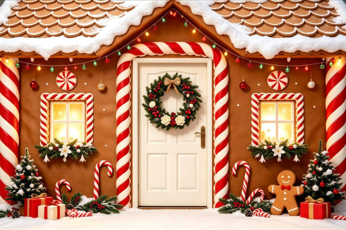 Weihnachts-Lebkuchen-Hintergrund Tür Zum Schneebedeckten Süßigkeitenhaus Weihnachtsfotohintergrund GQ68-123