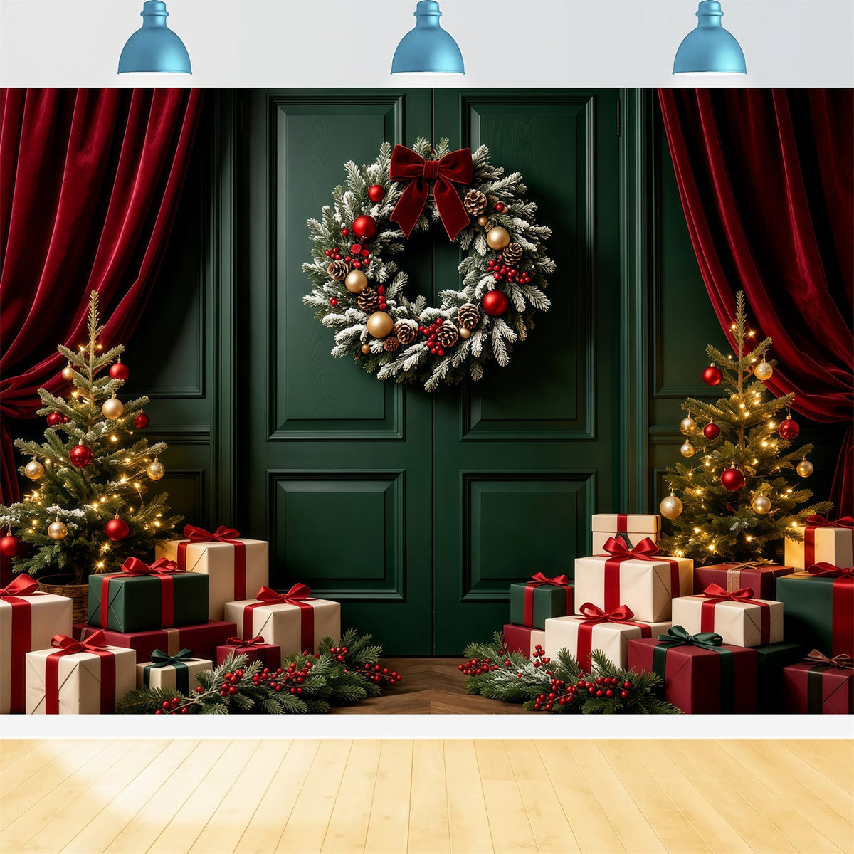 Grüne Weihnachtskulisse Türkranz-Geschenkdisplay Weihnachtsfotohintergrund GQ68-60