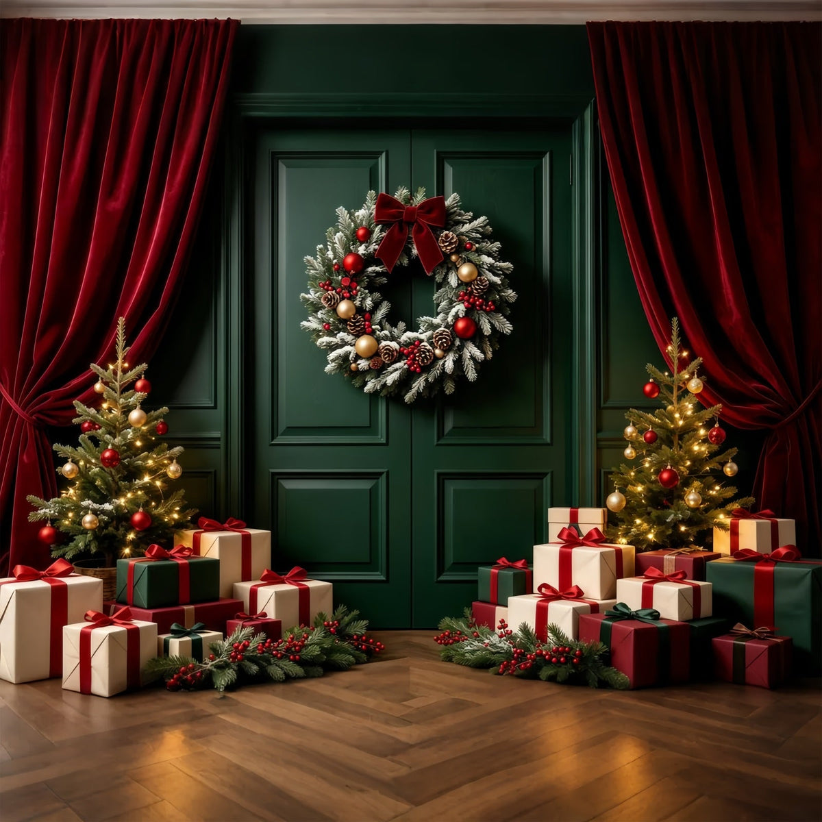 Grüne Weihnachtskulisse Türkranz-Geschenkdisplay Weihnachtsfotohintergrund GQ68-60